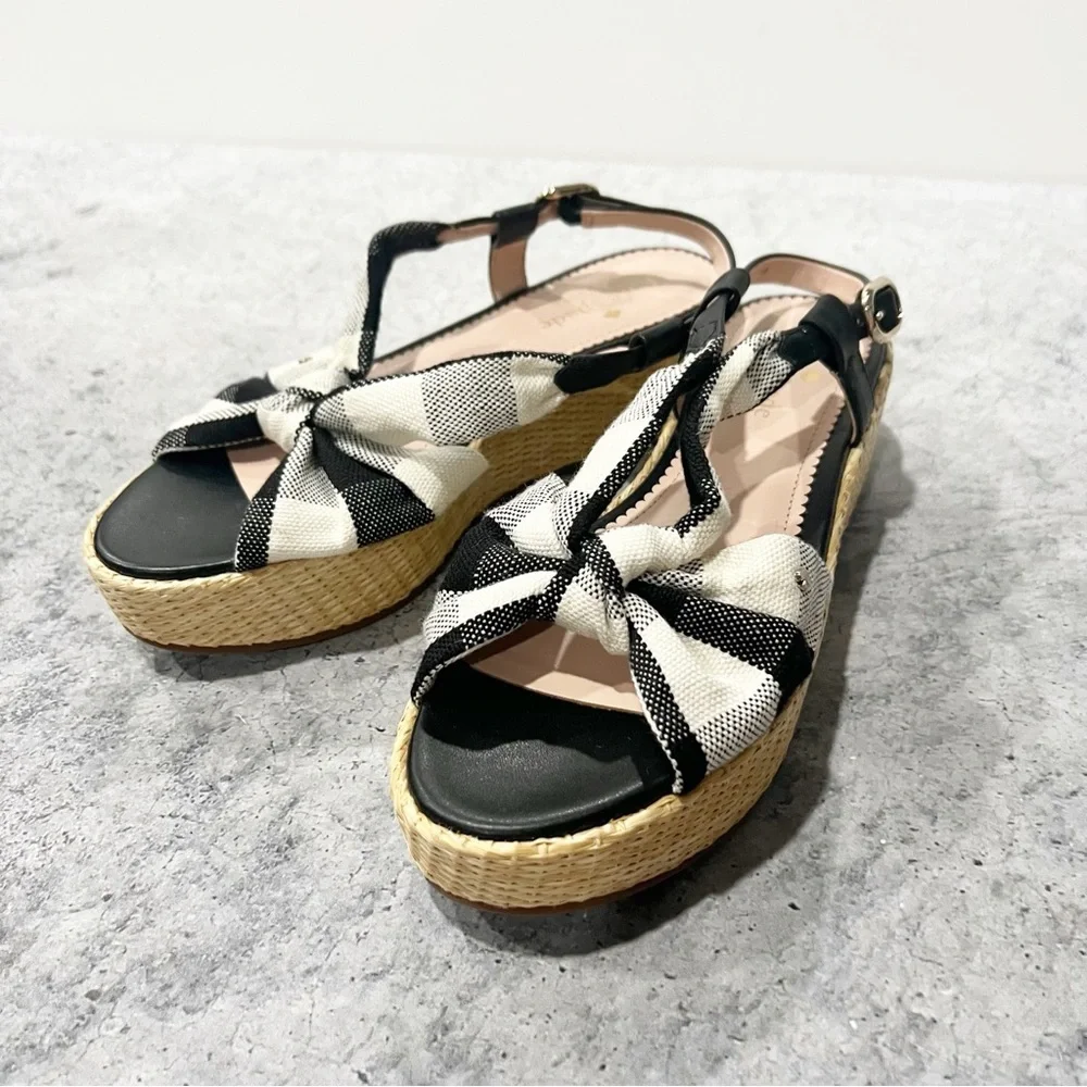 NEW Kate Spade Betsy Gingham Mixed Material Platform Sandal Black / Cream 7.5
